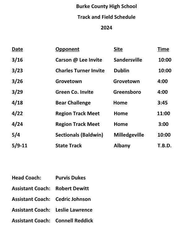 2023 - 2024 BCHS Track & Field Schedule 