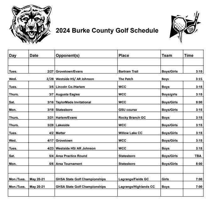 2023 - 2024 BCHS Golf Schedule